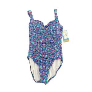 Swim Solutions Tummy Control Shirred Blue One Piece Swimsuit Size 10 Padded NWT